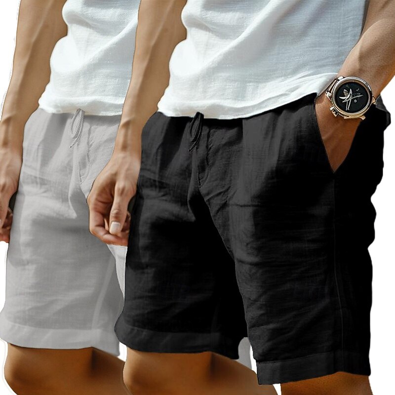 2 Pack Men's Shorts Linen Shorts Summer Shorts Beach Shorts Pocket Drawstring Elastic Waist Solid Color Plain Comfort Breathable Knee Length Casual Daily Holiday Vacation Fashion Green+Gray Black+Grey4