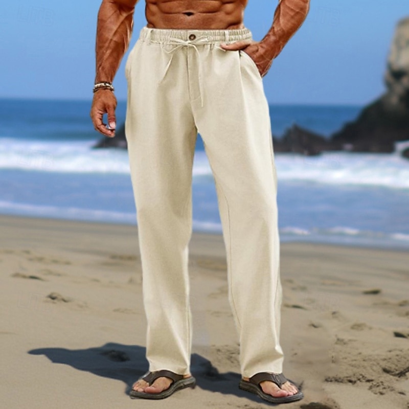 Men's Linen Pants Trousers Summer Pants Baggy Pants Beach Pants Drawstring Elastic Waist Straight Leg Plain Comfort Breathable Full Length Casual Daily Holiday Vacation Fashion Black Apricot