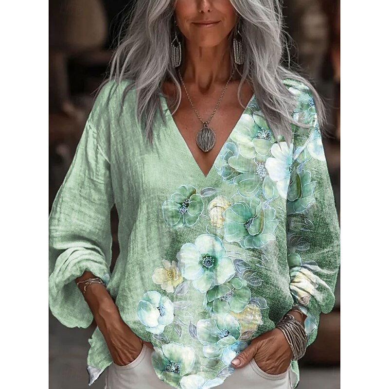 Women's Blouse Floral Graphic Stylish Casual 3/4 Length Sleeve V Neck Regular Tops Daily Blue Purple Green Summer Spring2