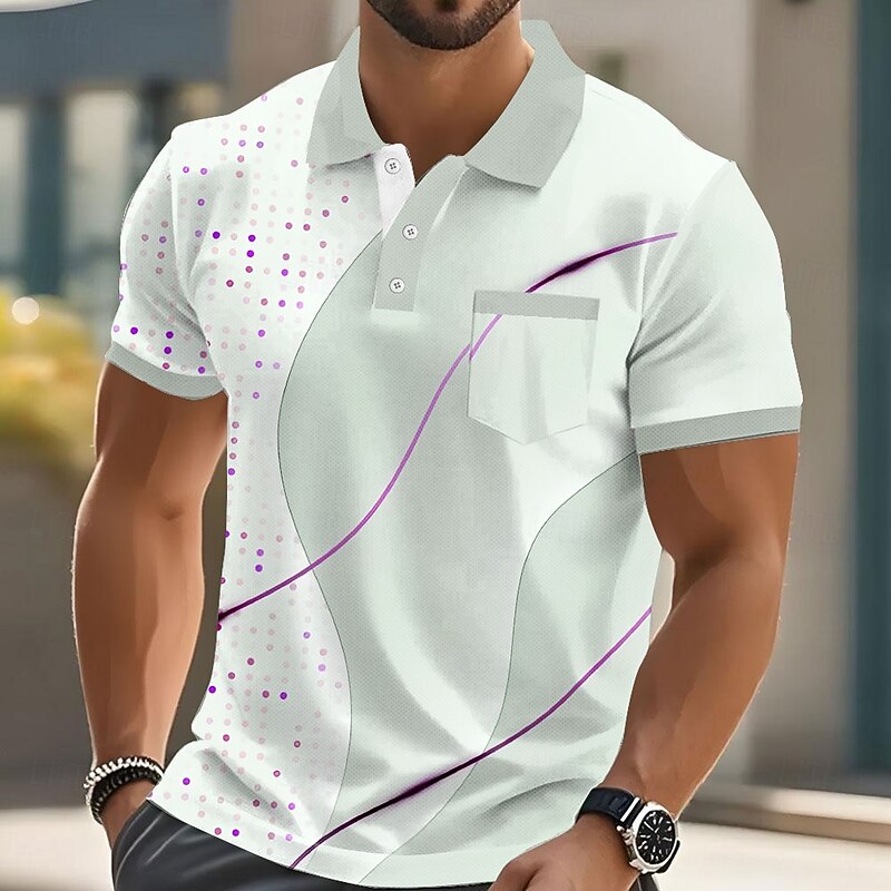 Men's Male Geometic Line Polo Short Sleeve Turndown Business Casual Sports & Outdoor Business Casual Daily Pocket Buttons Summer Amethyst Robin's Egg Blue Grey3