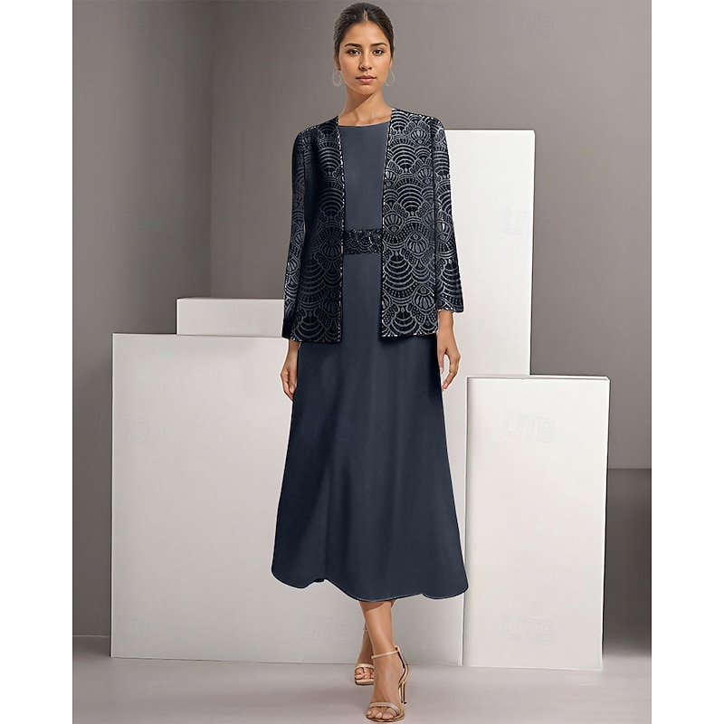 Two Piece A-Line Mother of the Bride Dress Elegant Simple Casual Boat Neck Ankle Length Chiffon Long Sleeve with Lace4