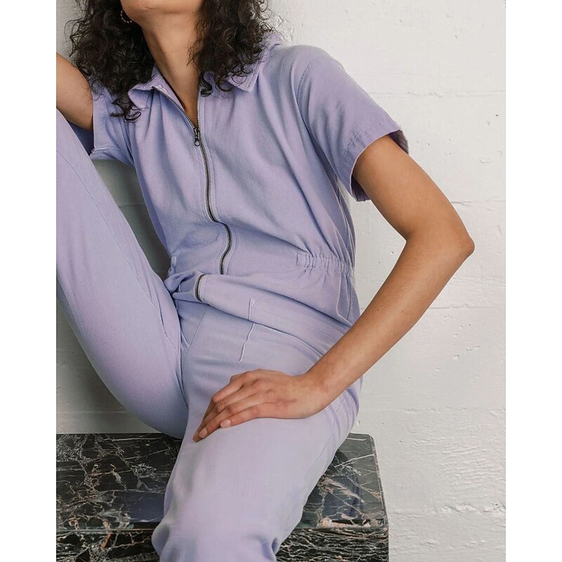 Women's Normal Cotton Linen Pants Streetwear Solid Color Short Sleeve Shirt Collar Zipper Going out Weekend Regular Fit Black Pink Blue Summer3