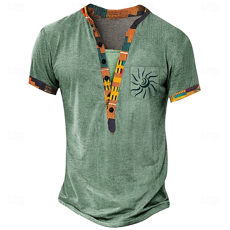 Men's Graphic Tribal Ethnic T Shirt Henley Shirt Tee Short Sleeve Designer Basic Ethnic Outdoor Casual Daily Summer Light Green Light Brown Khaki Henley Henley T-Shirt
