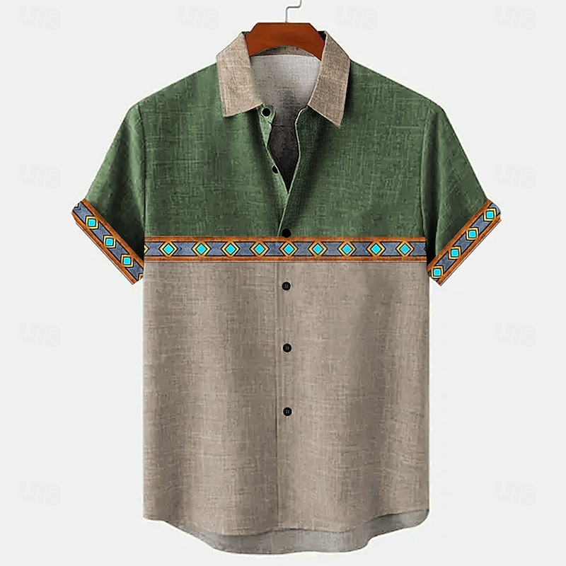 Men's Geometric Linen Shirt Summer Hawaiian Shirt Button Up Shirt Short Sleeve Vintage Artistic Vacation Holiday Beach Wear Summer Spring Turndown Color Block Blue Green