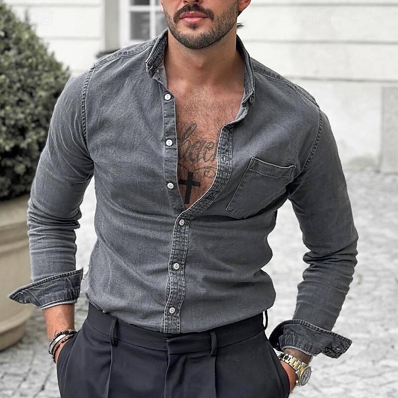 Men's Shirt Summer Shirt Casual Shirt Beach Shirt Button Up Shirt Brown Gray Long Sleeve Plain Lapel Vacation Hawaiian Pocket Clothing Apparel Polyester Fashion Casual Comfortable3