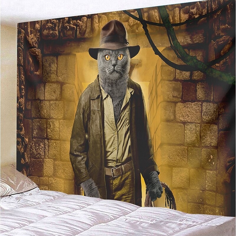 "Indiana Jones Cat" Vincent Hie Hanging Tapestry Wall Art Large Tapestry Mural Decor Photograph Backdrop Blanket Curtain Home Bedroom Living Room Decoration4