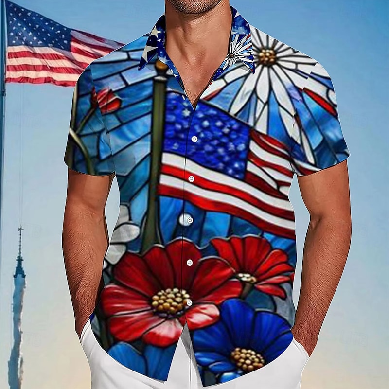 Independence Day Men's Floral Print US Flag Patriotic Shirt Summer Shirt Button Up Shirt Short Sleeve Fashion Casual Outdoor Holiday Summer Spring Turndown 3D Print Collared Shirts Red Blue