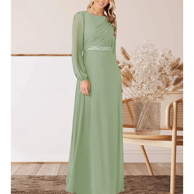 A-Line Mother of the Bride Dress Wedding Guest Elegant Crew Neck Floor Length Chiffon Long Sleeve with Beading Ruching