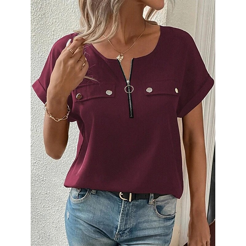 Women's T Shirt Solid Color Plain Fashion Modern Casual Short Sleeve Crew Neck Regular Tops Daily Weekend Zipper Buttons Black Wine Blue Purple Summer - Main Image