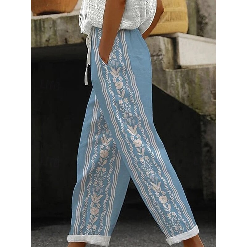 Women's Chinos Vacation Vintage Ethnic Style Full Length High Waist Floral Lines / Waves Elastic Waistband Stripe Print Soft Outdoor Breathable Micro-elastic Formal Outdoor Vacation Camel Black Blue4
