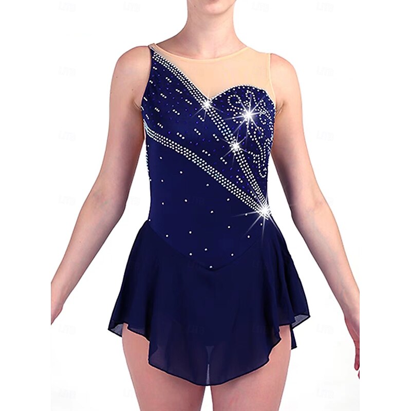 Figure Skating Dress Women's Girls' Ice Skating Dress Dark Navy Patchwork Open Back Mesh Spandex Stretchy Training Practice Professional Skating Wear Thermal Warm Crystal / Rhinestone Long Sleeve Ice3
