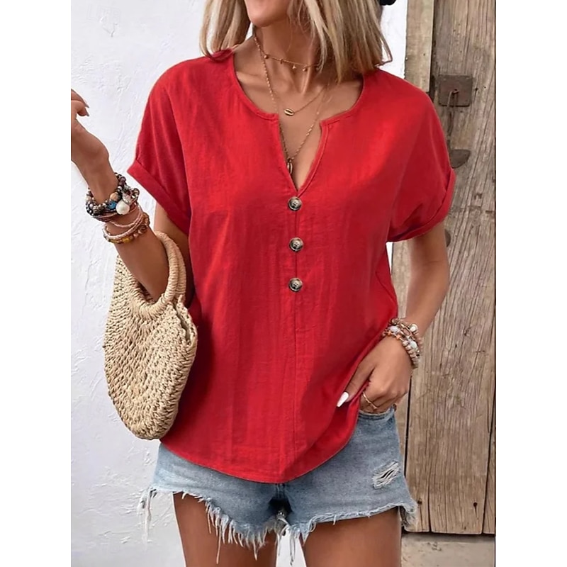 Women's Blouse Solid Color Plain Elegant Vintage Casual Short Sleeve V Neck Notched Neck Regular Tops Daily Holiday Buttons White Red Navy Blue Orange Beige Summer Spring4