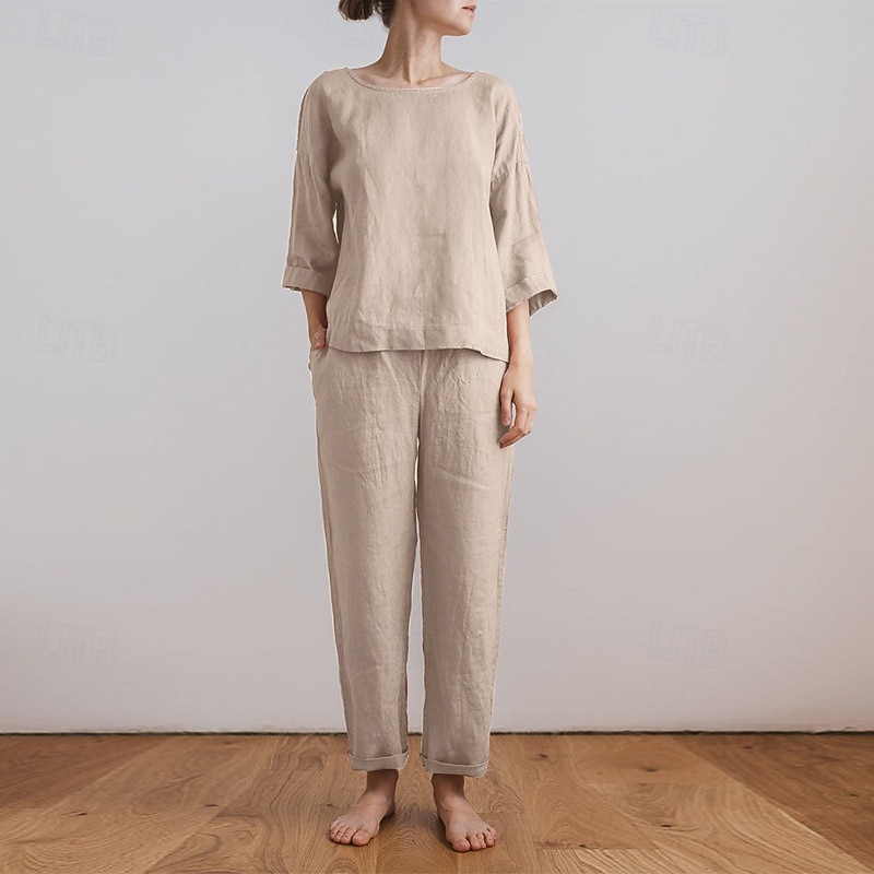 Women's Active Basic Cotton Linen Shirts Blouse Pants Sets Long Sleeve Crew Neck Solid Color Outdoor Going out Pink Army Green Beige Summer Regular Fit
