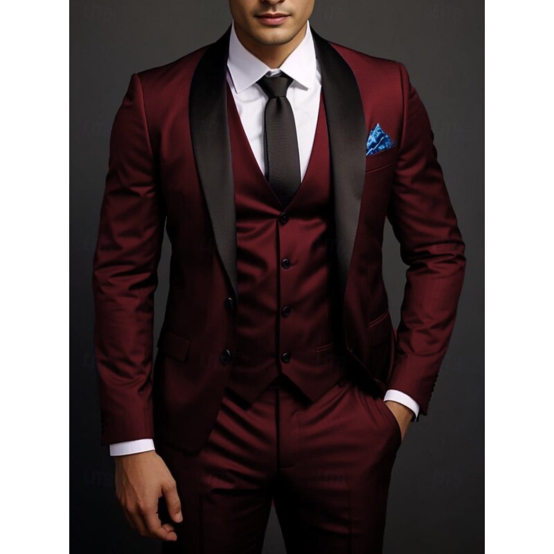 Men's Wedding Prom Party Suits Shawl Lapel Burgundy Dark Green Luxury Formal Solid Colored Standard Fit 3 Piece Single Breasted Two-buttons
