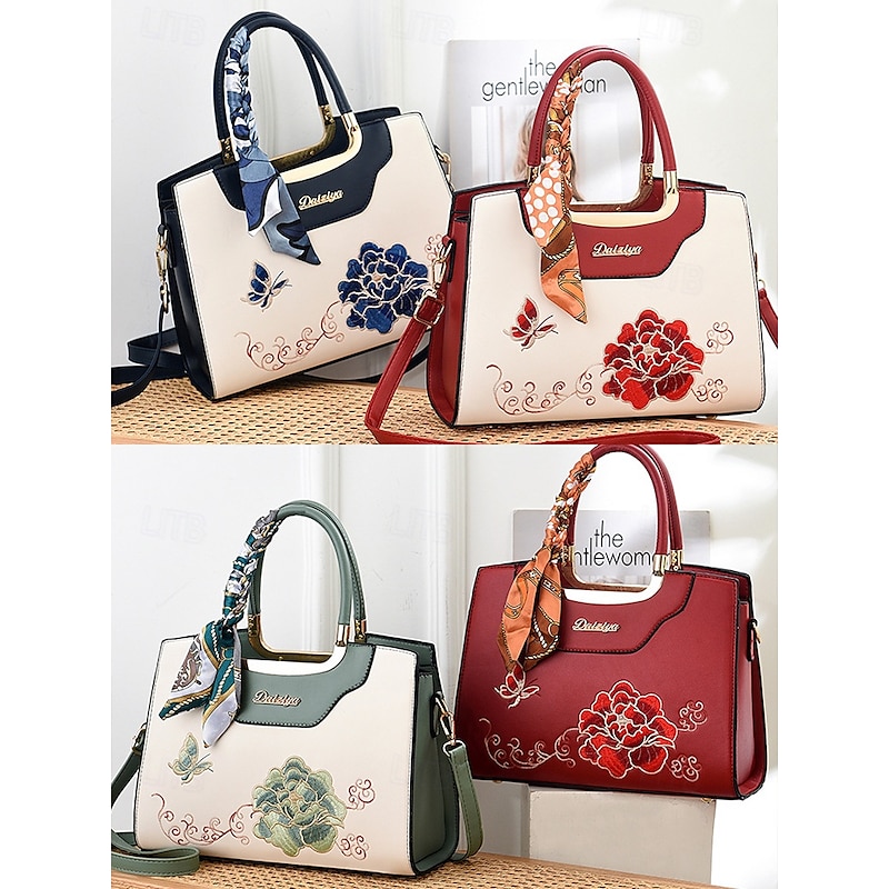 Women's Embroidered Faux Leather Handbag with Scarf Accent – Elegant Floral Top Handle and Shoulder Bag for Office, Weddings and Daily Outings3