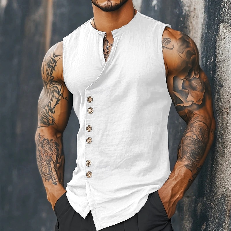 Men's Shirt Linen Shirt Summer Shirt Beach Shirt Vintage Shirt Sleeveless Shirt Plain Daily Streetwear Black White Sky Blue Khaki Sleeveless Mandarin Collar Summer Spring Clothing Apparel Buttons3