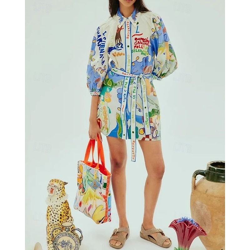 Women's Mini Dress Cotton Linen Dresses Casual Dress Fashion Outdoor Party Holiday Regular Fit Painting 3/4 Length Sleeve Shirt Collar Blue Summer
