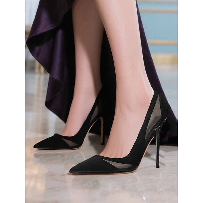 Women's Nude Suede Pointed Toe Pumps with Mesh Detailing, High Heel Stiletto Shoes for Cocktail Parties and Formal Occasions4