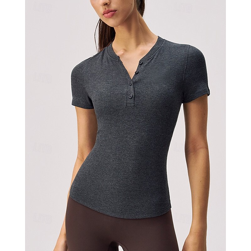 Women's Solid Colored Tennis Tops Short Sleeve Buttons Moisture Wicking Tennis Pickleball V Neck Top Black White Blue Tennis Clothing4