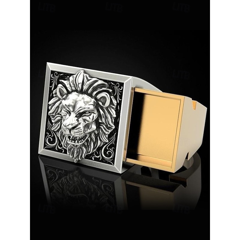 Men's statement lion head ring with pull-out detail and square design, Fashion statement jewelry for casual and formal occasions4
