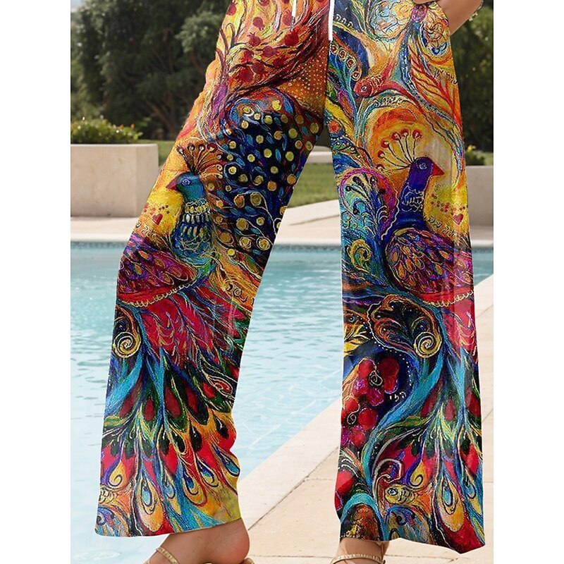 Women's Wide Leg Chinos Baggy Pants Vacation Vintage Fashion Full Length High Waist Floral Graphic Peacock Printing Soft Breathable Micro-elastic Formal Outdoor Vacation Robin's Egg Blue Ruby Red3