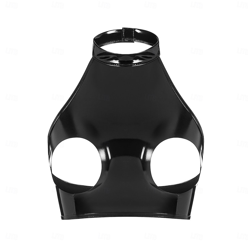 Cut-Out Faux Latex Halter Top Glossy Finish Women's Shinny Leather Fetish Wet Look Costume for Nightclub Pride Parade Pride Month Halloween Carnival Adults'2