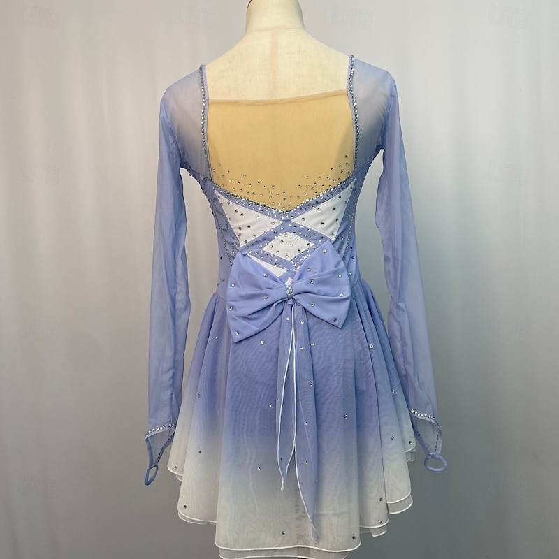 Figure Skating Dress Women's Girls' Ice Skating Dress Blue Stretchy Training Competition Skating Wear Thermal Warm Crystal / Rhinestone Long Sleeve Ice Skating Figure Skating2