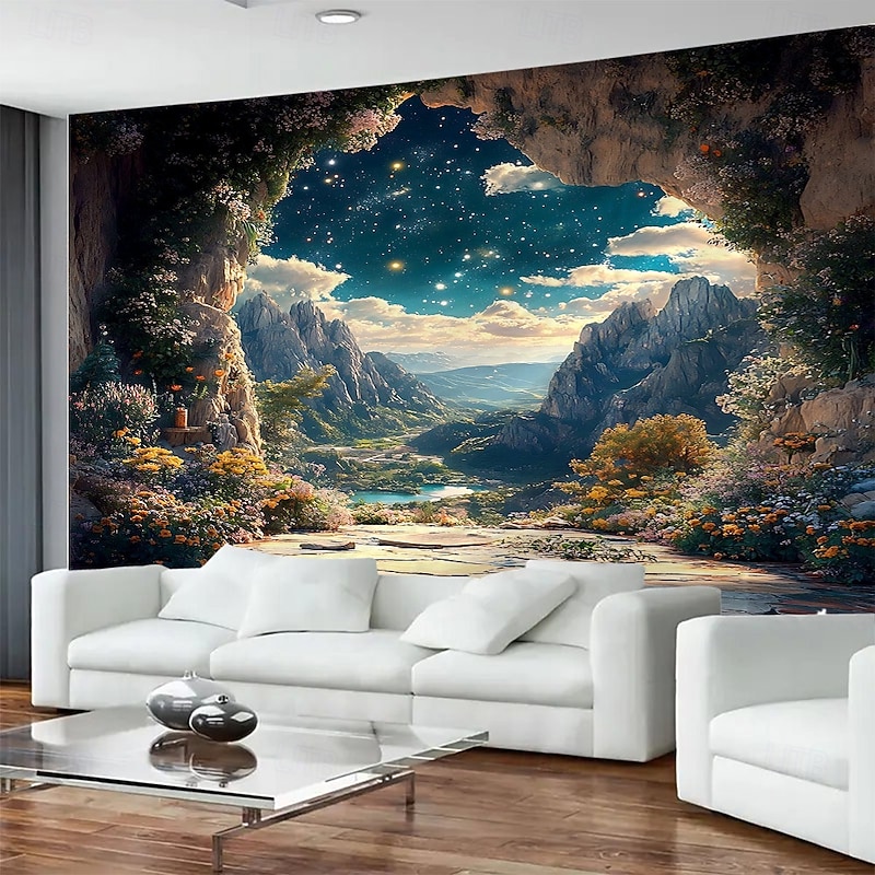 Rock Cave Waterfall Landscape Hanging Tapestry Mural Art Large Tapestry Mural Decoration Photos Background Carpet Curtains Home Bedroom Living Room Decoration