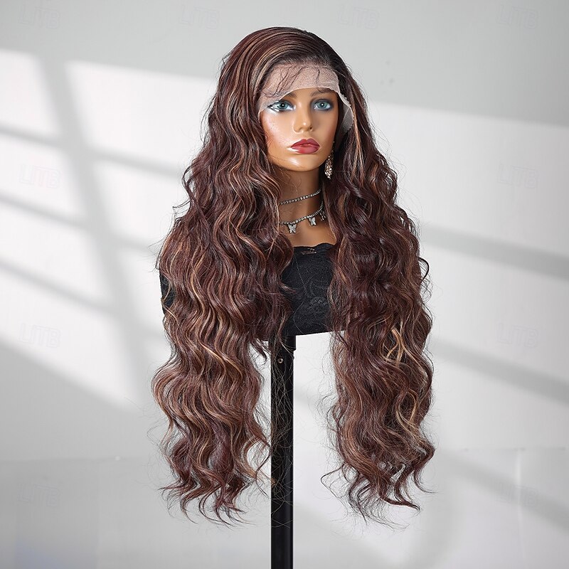 Synthetic Lace Wig Body Wave Style 30 inch Brown / Blonde Middle Part 13x4 Lace Front Wig Women's Wig Dark Brown2