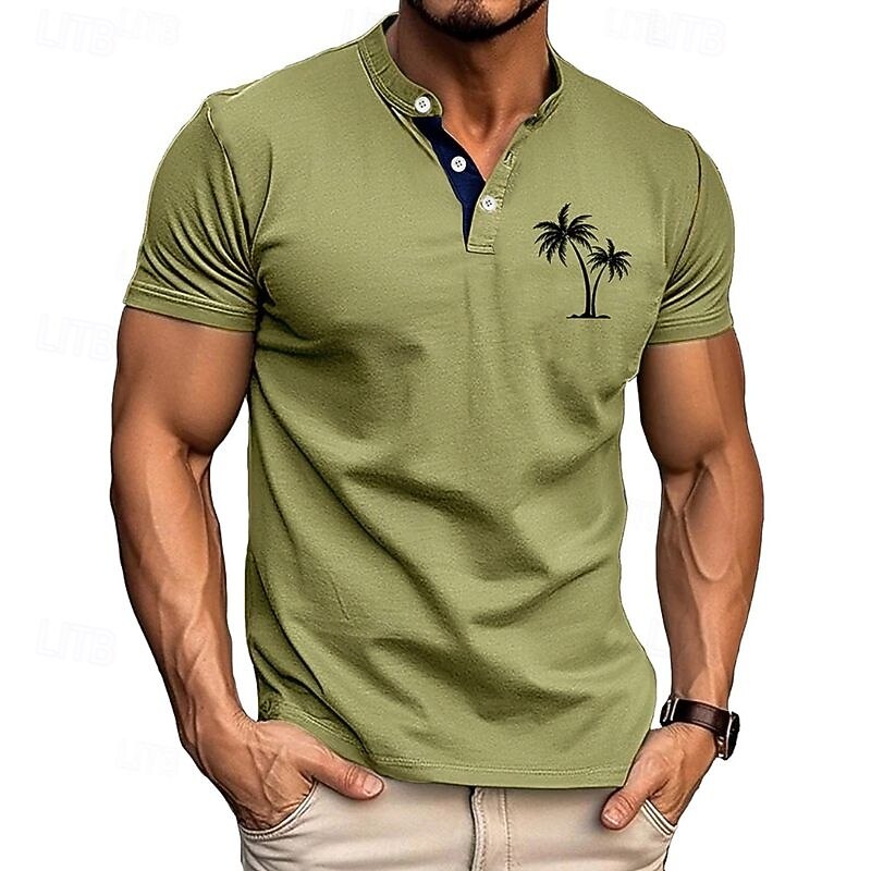 Men's T Shirt Henley Shirt Tee Short Sleeve Shirt Short Sleeve Henley Summer Leaf Fashion Designer Fashion Vacation Street Going out Black White Blue Top Tee for Men