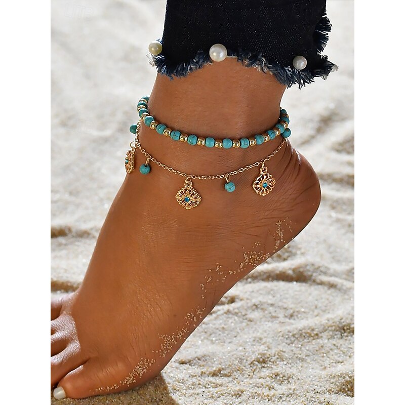 Women's Turquoise Beaded Anklet Set with Gold Plated Charms – Bohemian Beach Jewelry for Summer Vacations and Festivals