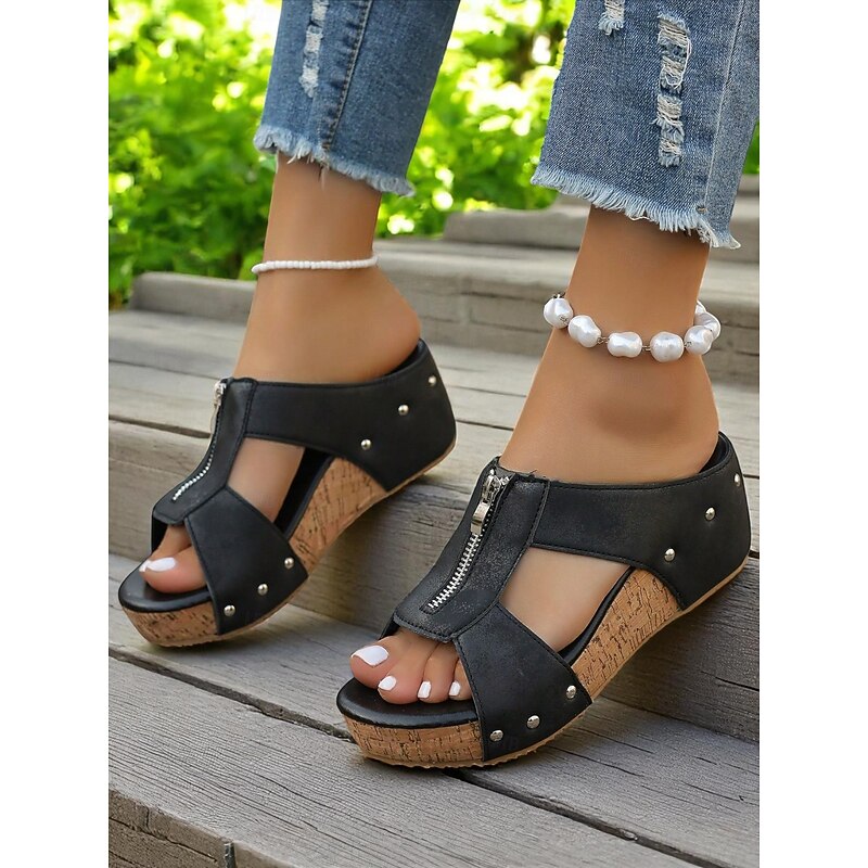 Women's Rivet Wedge Sandals – Peep-Toe Cork Platform Shoes with Zipper Closure for Casual & Summer Wear