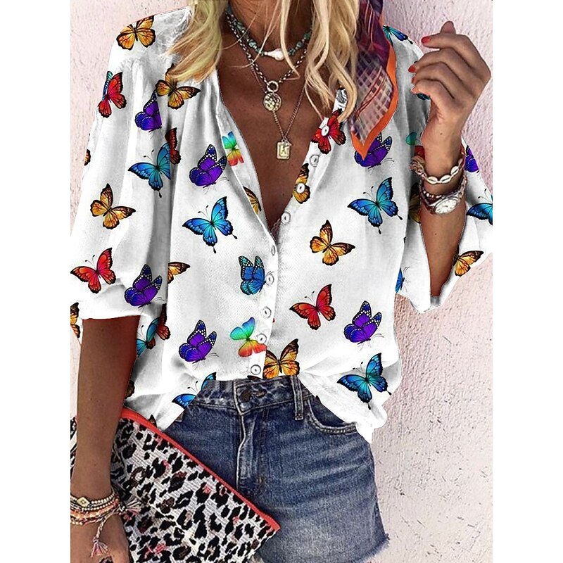 Women's Blouse Long Sleeve Button Down Blouse Graphic Butterfly Tie Dye Bohemia Daily Casual Sleeveless 3/4 Length Sleeve High Neck Regular Tops Buttons Print Black White Summer Spring