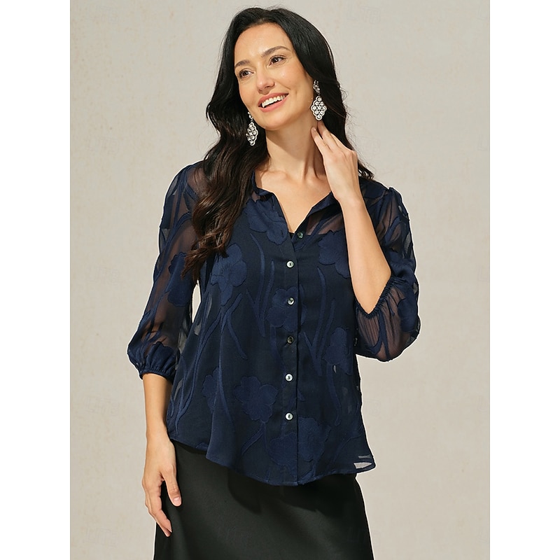 Women's Blouse Button-Up Shirt with Camisole Floral  Elegant Vintage Stylish Half Sleeve V Neck Regular Tops Work Holiday Going out Buttons Eyelet Navy Blue Summer Spring Fall