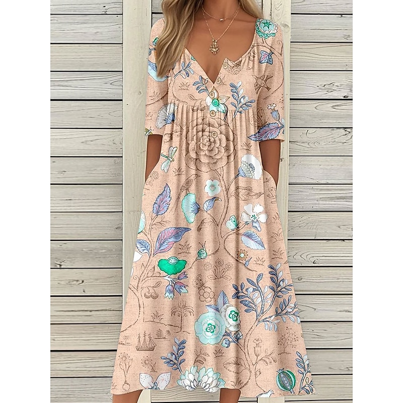 Women's Midi Dress Summer Dress Pleated Dress Vacation Casual Beach Holiday Regular Fit Floral Graphic Short Sleeve Crew Neck Blue Purple Orange Summer2