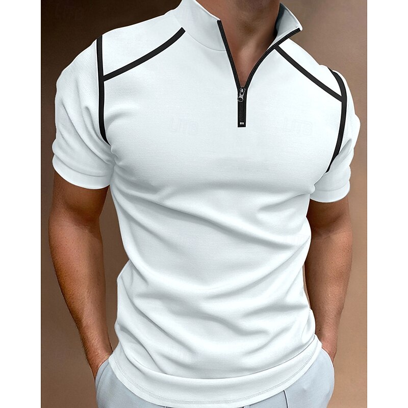 Men's Color Block Polo Zip Polo Golf Shirt Short Sleeve Lapel Fashion Casual Outdoor Sport Daily Splice Summer Wine Light Sky Blue Black