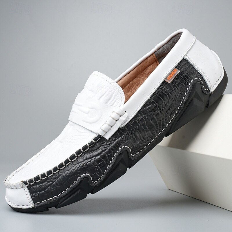 Men's White Faux Leather Loafers with Black Crocodile Texture – Elegant and Stylish Slip-On Shoes for Semi-Formal Events, Weddings and Casual Gatherings