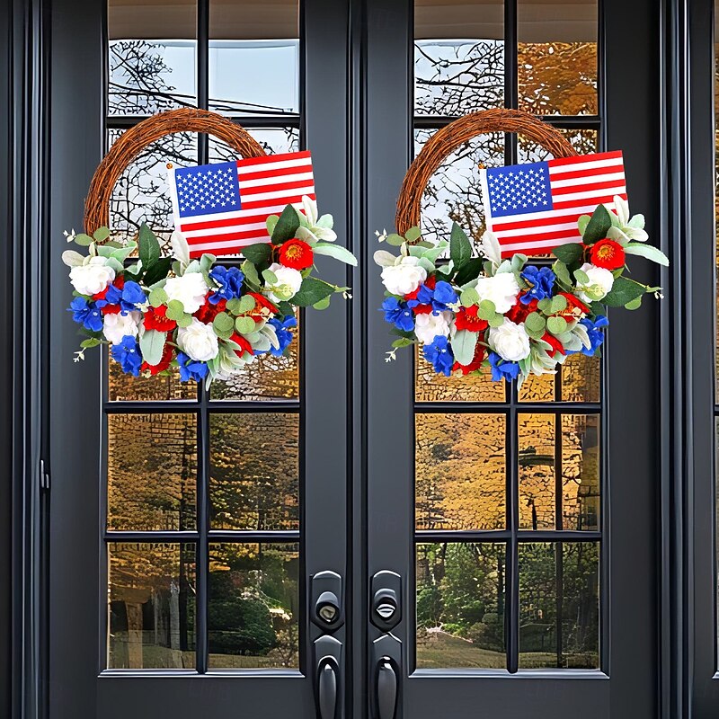 Patriotic Wreath for Front Door 4th of July Independence Day Red White and Blue Decoration, American Flag Star Striped Grapevine Ring, Rustic Hanging Prop for Yard Porch or Party Decor2