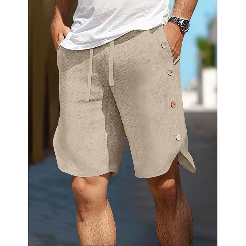 Men's Shorts Linen Shorts Summer Shorts Buttons Front Pocket Straight Leg Plain Comfort Breathable Knee Length Outdoor Vacation Party Fashion Basic Black White3