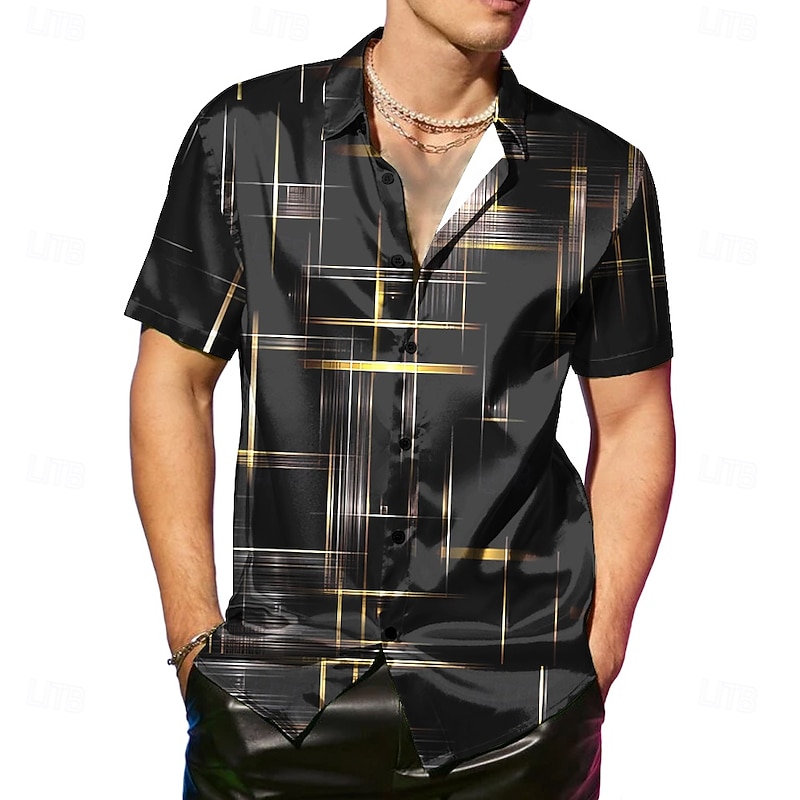 Men's Geometric Line Satin Shirt Dress Shirt Button Up Shirt Short Sleeve Fashion Casual Vacation Party Evening Wear Daily Summer Spring Turndown Collared Shirts Button Up 3D Print Black Pink Blue