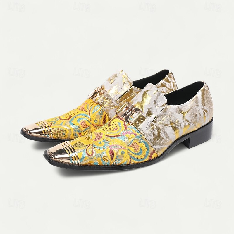 Men's Gold and White Leather Floral Design Dress Shoes–Elegant Formal Footwear for Weddings and Gala Events2