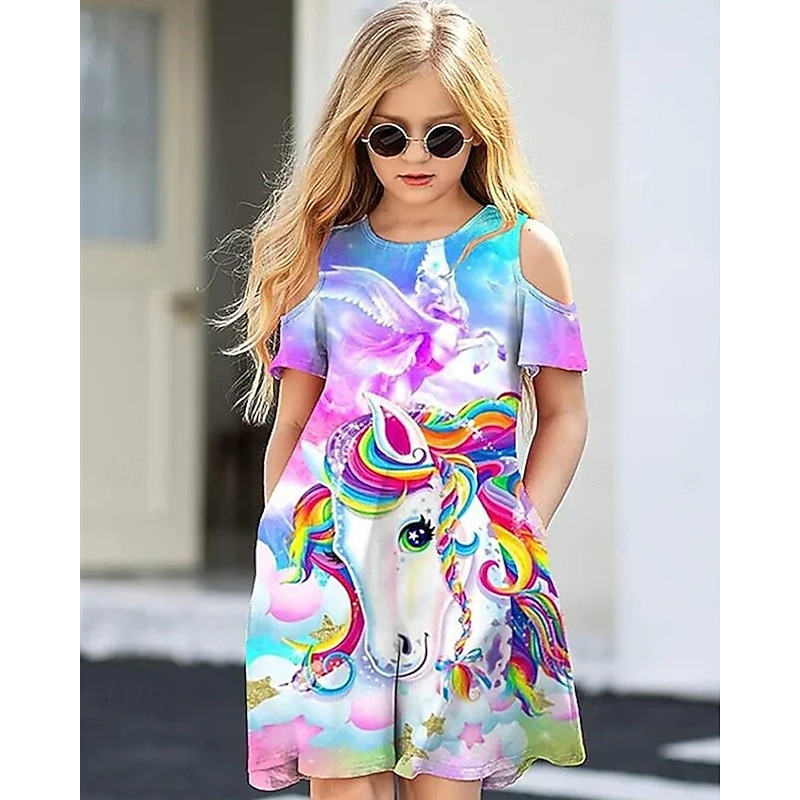 Girls' 3D Unicorn Dress Short Sleeve Summer Spring Vacation Daily Holiday Beautiful Sweet Kids 4-12 Years Casual Dress Knee-length Regular Fit3