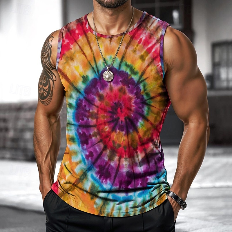 Men's Vest Top Undershirt Sleeveless Shirt Sleeveless Crewneck Spring & Summer Tie Dye Fashion Designer Vacation Street Going out Blue Purple Orange Top Tee for Men