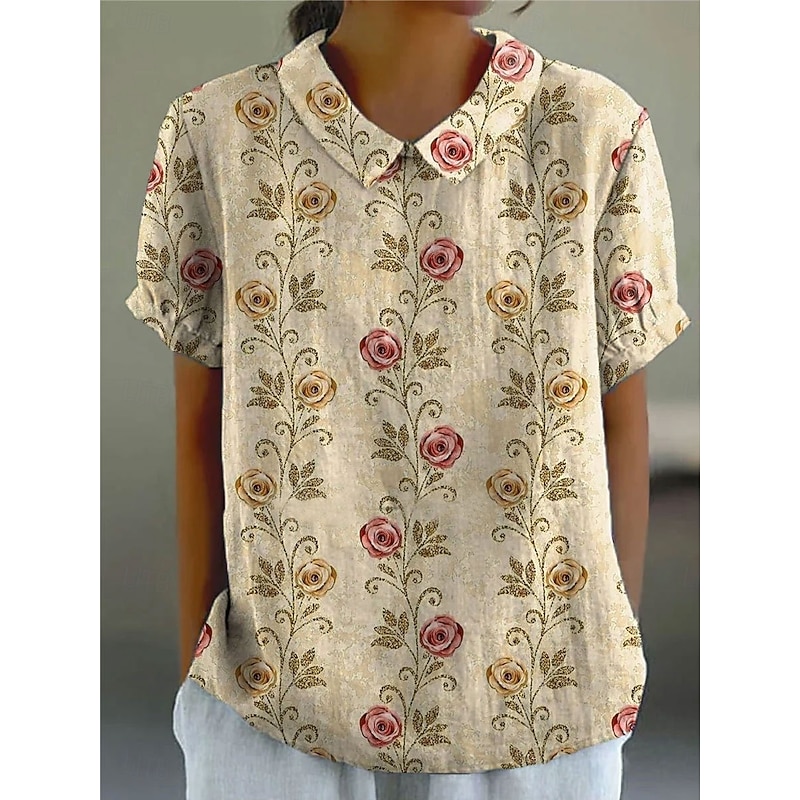 Women's Blouse Floral Graphic Vintage Tropical Stylish Short Sleeve Shirt Collar Regular Tops Work Daily Print Pink Beige Summer Spring