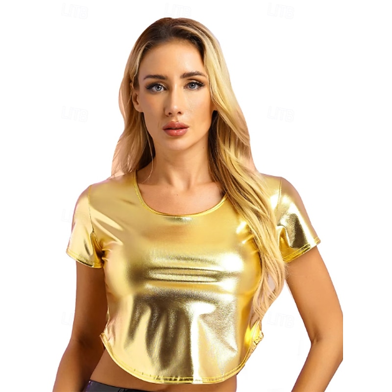Retro Vintage 1980s T-shirt Crop Top Disco Shiny Latex Patent Metallic Fancy Dress Women's Halloween Carnival Music Festival Pride Parade Pride Month Adults' T-shirt Summer