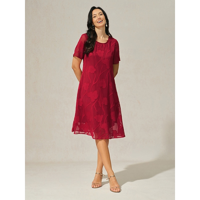 Women's Knee Length Dress Chiffon Dress Elegant Casual Loose Fit Floral Short Sleeve Crew Neck Red Summer4