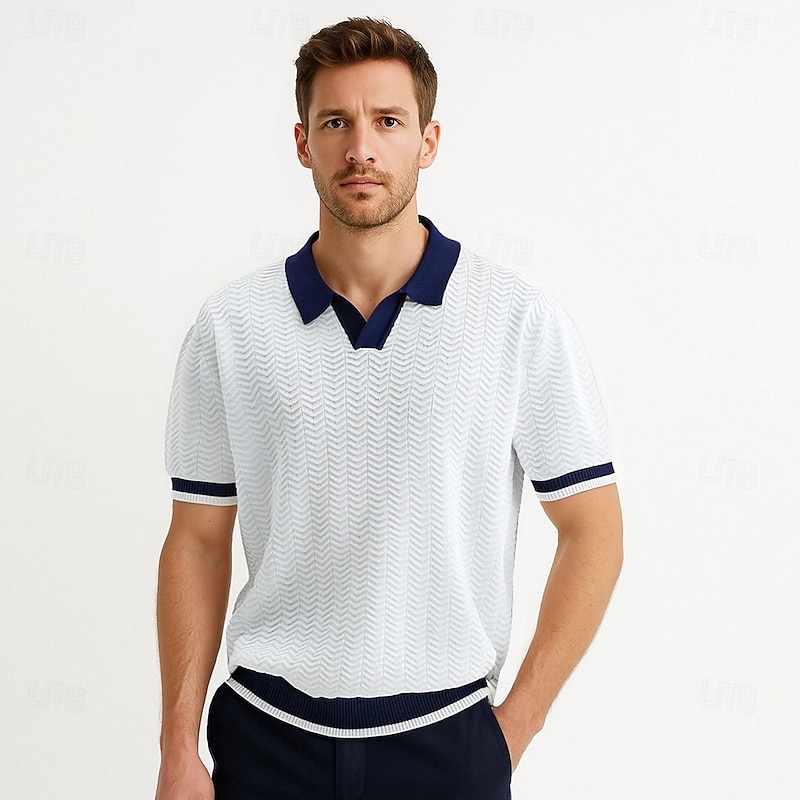 Men's Polo Knit Polo Sweater Business Casual V Neck Short Sleeve Formal Color Block Novelty Summer All Seasons Black White Khaki Army Green Polo
