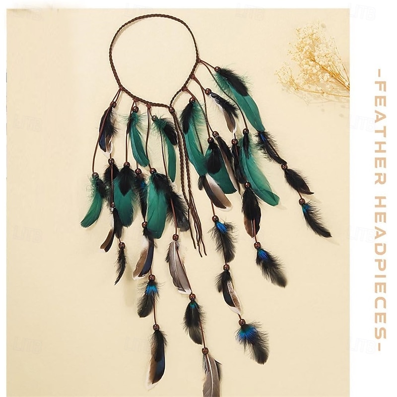 Boho Feather Headband Gypsy Headpiece Headdress Bohemian Hippie Headbands Indian Festival Hair Band Adjust Long Feather Hair Accessories for Women and Girls Black Green2