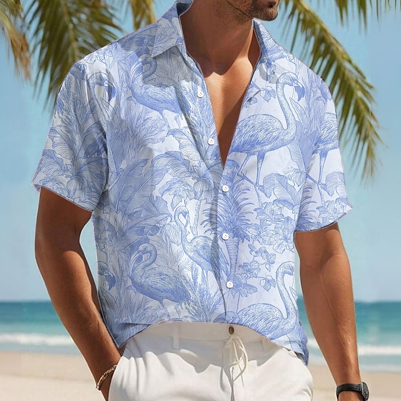 Men's Flamingo Bird Tropical Plants Shirt Summer Hawaiian Shirt Button Up Shirt Short Sleeve Hawaiian Resort Vacation Holiday Beach Wear Summer Spring Turndown 3D Print Collared Shirts Pink Blue2