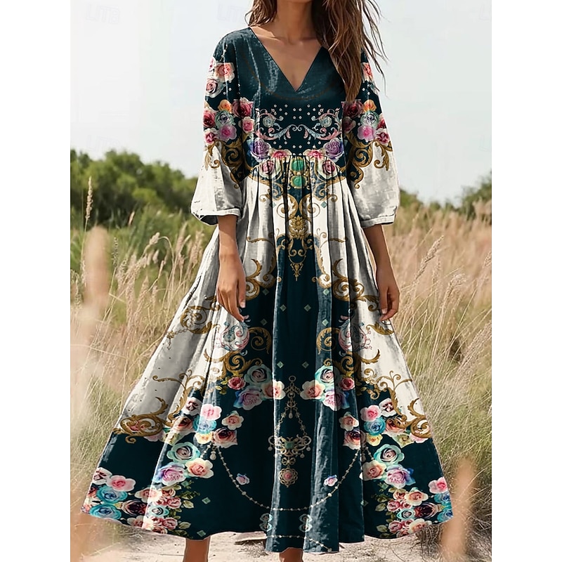 Women's Maxi Dress Sundress A Line Dress Pleated Dress Vacation Casual Boho Going out Loose Fit Floral Graphic 3/4 Length Sleeve V Neck Black Yellow Blue Green Summer Spring3